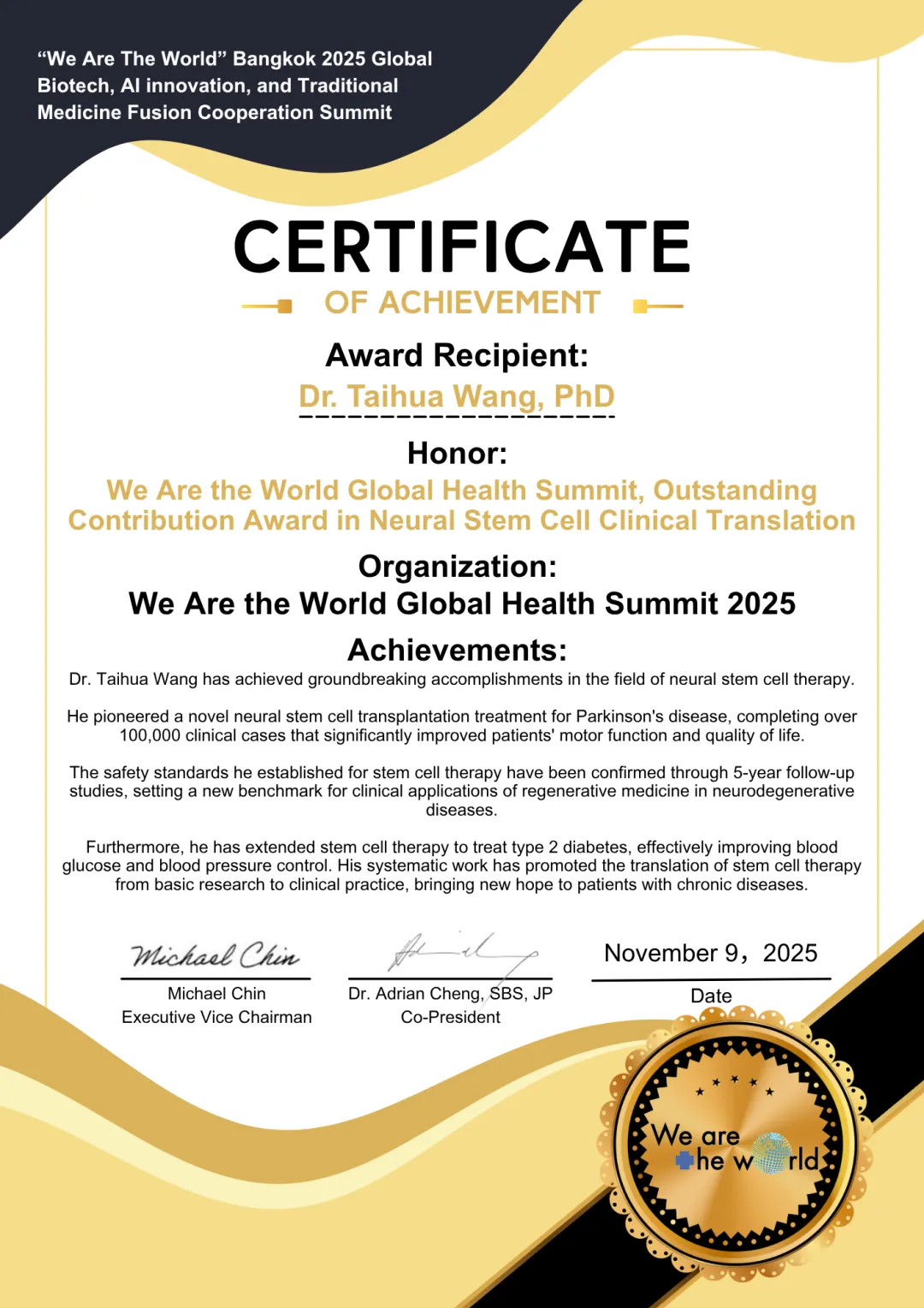 Taihua Wang Certificate